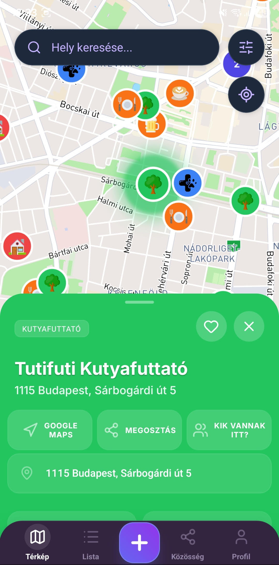 KutyaFalka app térkép nézet